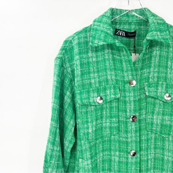 NWT ZARA Plaid Tweed Button Down Overshirt S Green - Picture 4 of 6